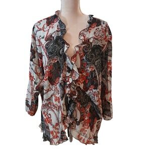 Notations Woman 2X Red Black Paisley Ruffle Trim Sheer Metallic Blouse Tie Front